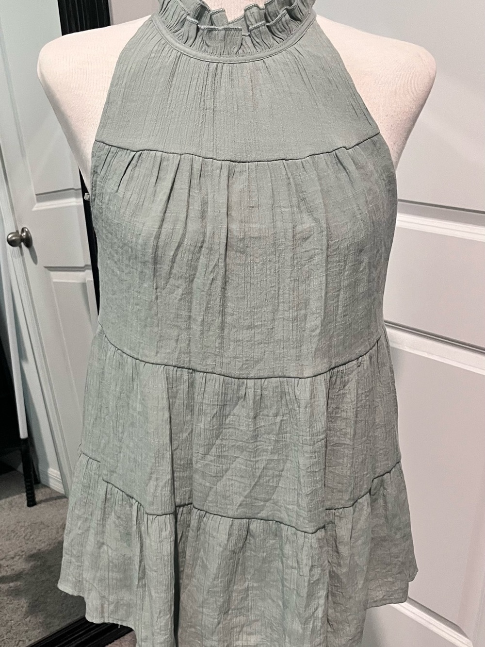 Indigo Soul Light Sage Halter Tie Top with Green Crinkle Texture Bodice